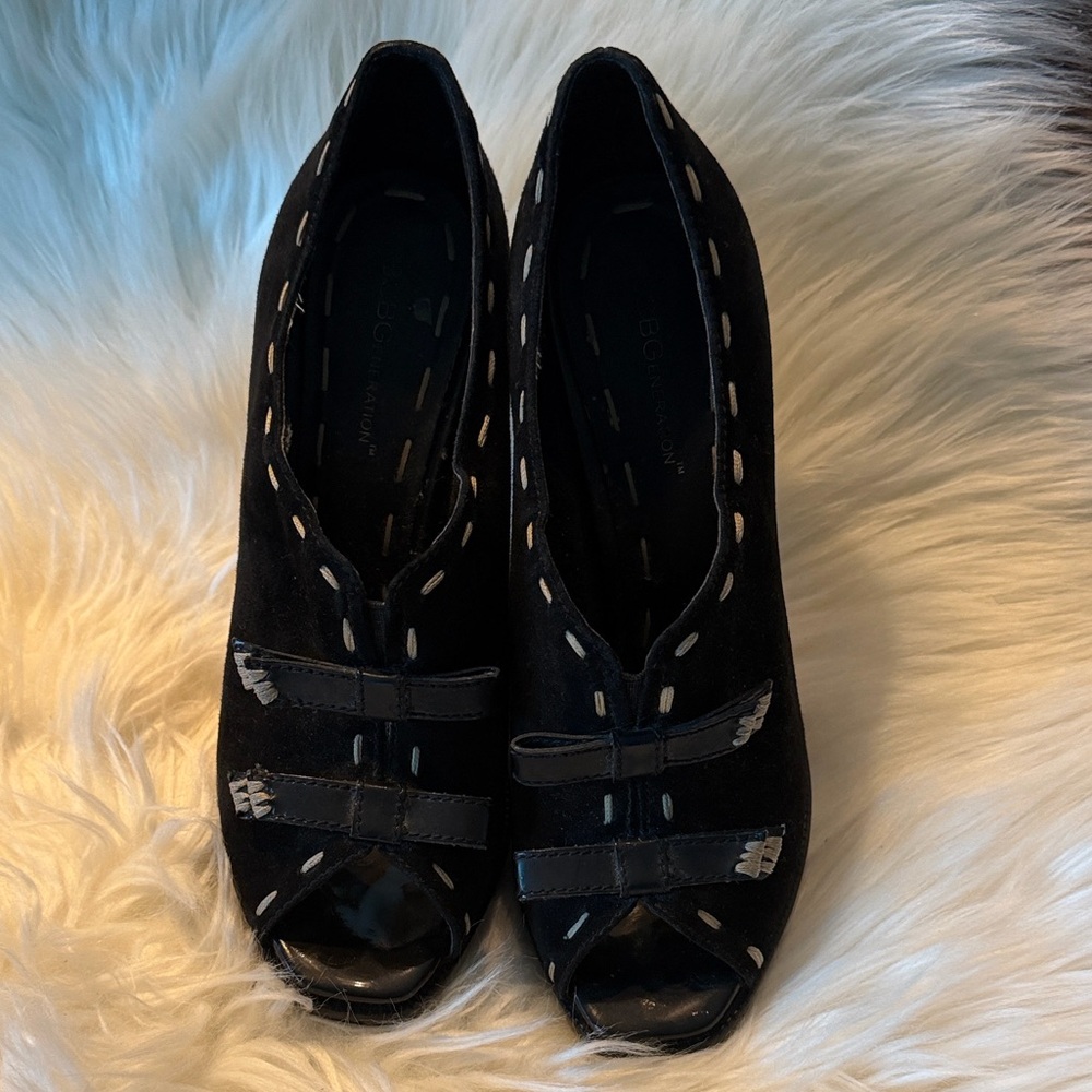 BCBGeneration Black Suede Peep-Toe Heels with Stitch Accent